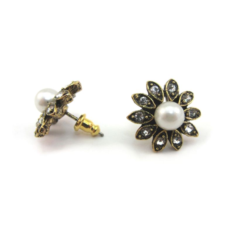 Antiqued Goldtone Pearl Flower Studs with Clear Crystals